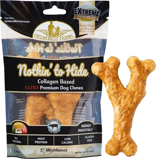 Fieldcrest Farms Nothin' to Hide Collagen-Based Dog Chews, Wishbone, Beef Flavor, Ultra-Premium, for Dogs Over 25lbs, Easily Digestible, Supports Skin, Coat, Joints & Muscles, 5-Inch, 2 Pieces