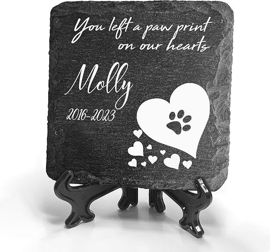 Personalized Individual Square Memorial Plaque + Stand for Pet Cat Dog Slate Stone Frame Paw Grave Marker - Size 3.94" x 3.94" or 100 x 100 mm - White Heart