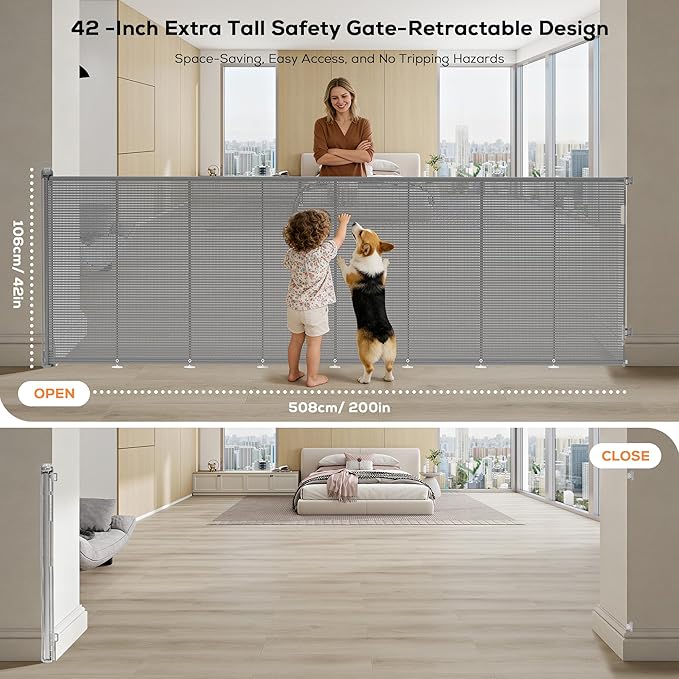 Retractable Baby Gate for Stairs, 48" Tall X 200" Wide Mesh Dog Gate Indoor, Child Gate for Doorways, Hallways, Deck, Indoor Outdoor Pet Baby Safety Essentials for Home, Gray (2 Pack)