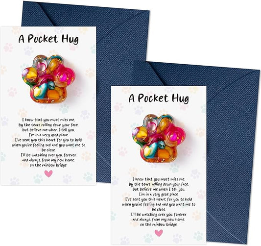 Loss of Pet Sympathy Gift - 2 Pack Colorful Mini Paw Pocket Hug with Memorial Card Envelope Remembrance Bereavement Gift Loss of Dog Cat Sympathy Favor Kid Adult Pet Lover Stress Relief Toy