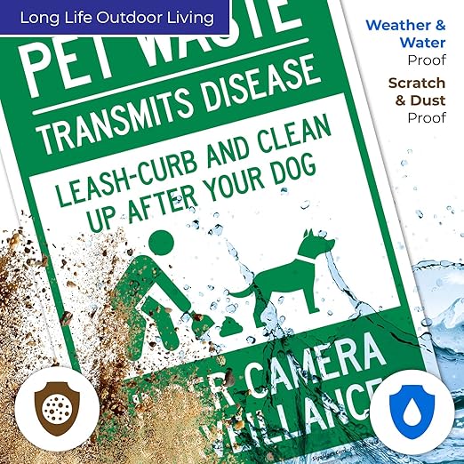 Pet Waste Leash-Curb and Clean Up After Your Dog Under Camera Surveillance Sign, (SI-63188) 10x14 Inches, 55 mil Thick HDPS (high Density polystyrene), Made in USA