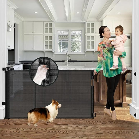 Reinforced 60" Wide Retractable Baby Gates with Upgraded Rods - Bottom Anti-Escape, 5 ft Mesh Baby Gate Retractable Dog Gate Indoor Pet Gate Retractable Stair Gate Outdoor Retractable Gate, Black