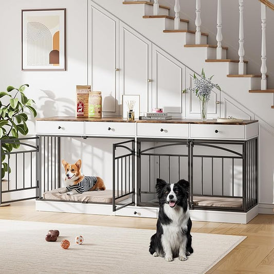 IDEALHOUSE 78.7" Double Dog Crate Furniture with Storage and 4 Doors, Dog Kennel Indoor with Feeding Bowls, Wood Dog Crate TV Stand for Small Medium Dogs, White