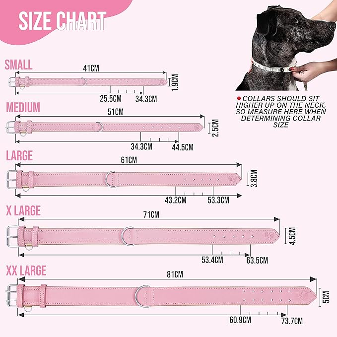 Riparo Adjustable Leather Dog Collar - Heavy Duty Wide Dog Collar for Small, Medium, Large and Extra Large Dogs with Dog Tag Holder (XXL: 2” Wide for 26”-29” Neck, Pink)