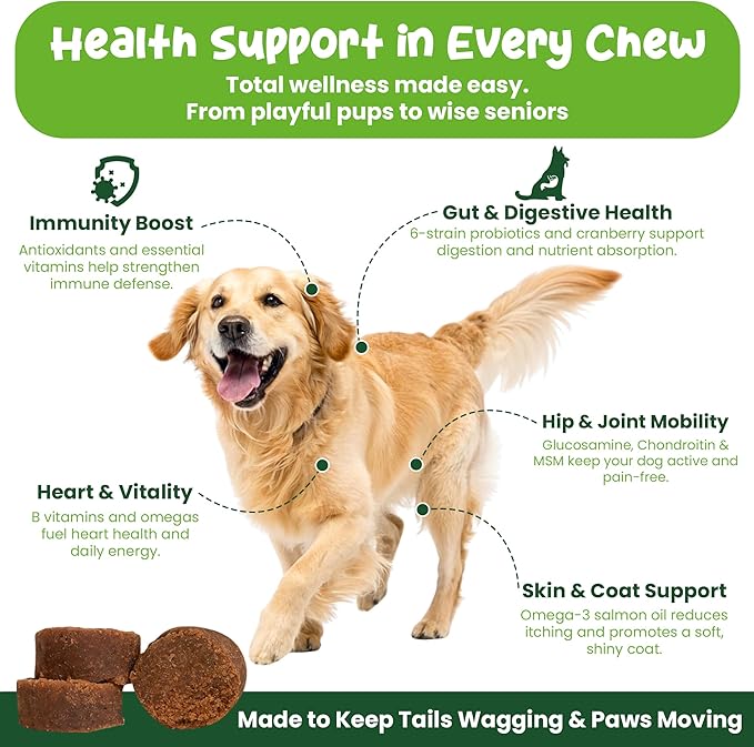 Vibin’ Tails 24-in-1 Dog Multivitamin, Glucosamine Chondroitin Hip & Joint Support, Probiotics & Omega-3, Skin & Coat - Puppy & Senior Chewable Dog Vitamins & Supplements Vet Formulated - 120ct Bacon