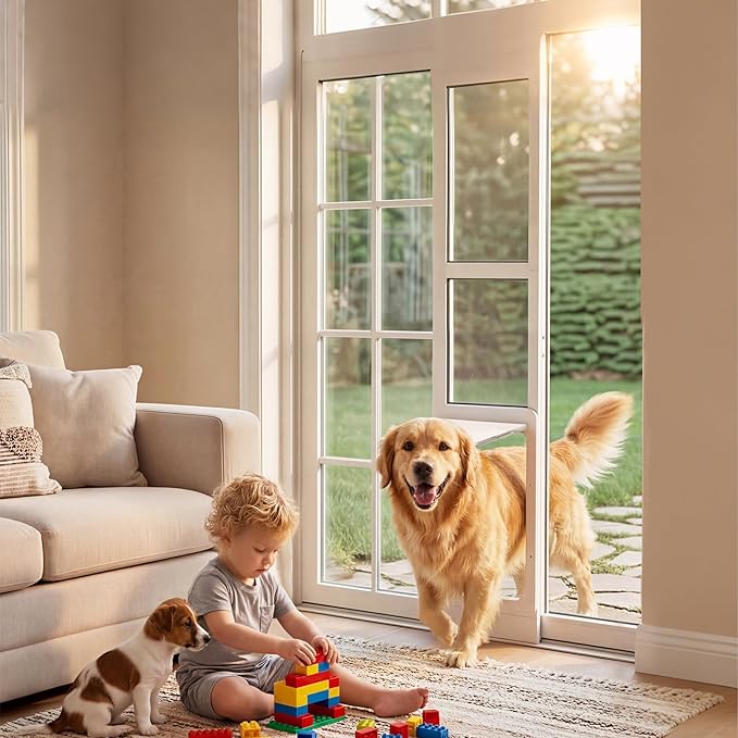 Large Dog Door for Sliding Glass Doors,No-Cut DIY Install Pet Door- Aluminum Frame& Panel & Lock, Adjustable Height 83”-91 1/5”, Suitable for Dogs Up to 105 lbs -White