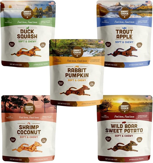 Smart Cookie All Natural Soft Dog Treats - 5 Flavor Variety Pack (5oz Each) - Healthy Dog Treats for Dogs & Puppies with Allergies, Sensitive Stomachs - Chewy, Grain Free, Made in USA