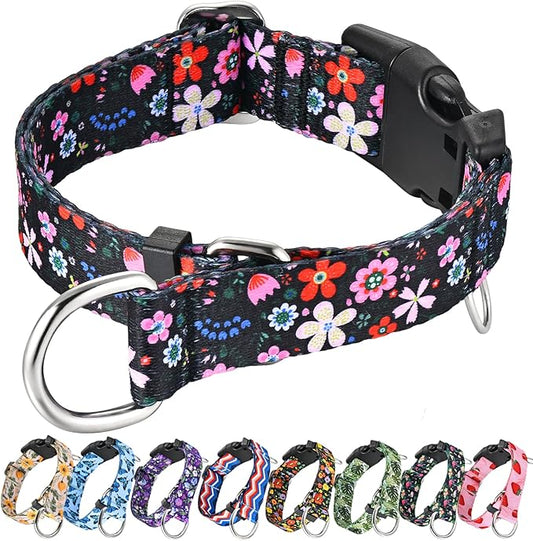 Martingale Dog Collar with Buckle Adjustable Nylon Limited Slip Training Floral Dog Collars (Black Pink Red, Large)