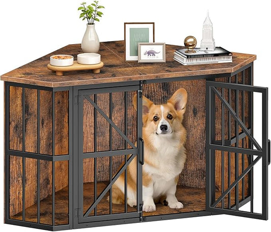44" Corner Dog Crate Furniture, Corner Dog Kennel Furniture with X-Design Metal Frame, Corner Dog Crate TV Stand for Medium Dogs, Pet Crates Corner End Table, Rustic Brown and Black TGW03BF