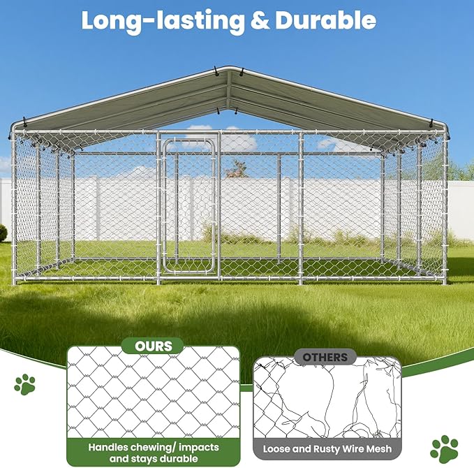 barlb15.3x15.3 FT Heavy Duty Outdoor Dog Kennel Outside with Waterproof Cover, UV-Resistant Roof, Secure Locking Mechanism for Large Dogs, Metal Enclosure for All Weather Conditions (183x183x83IN)