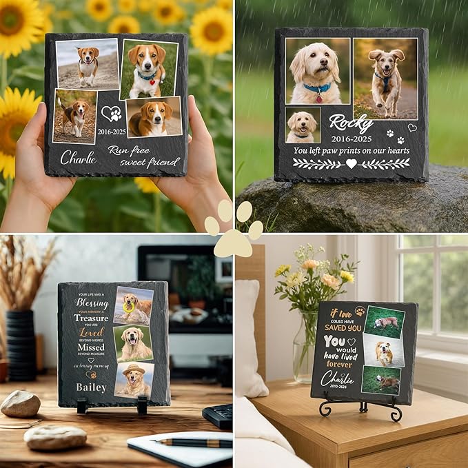 Custom Pet Memorial Stone - Dog Memorial Stone for Loss of Pet - Personalized Pet Headstone with Multiple Photo - Outdoor Garden Indoor Dog Cat Loss Bereavement Gift for Pet Lovers (04)