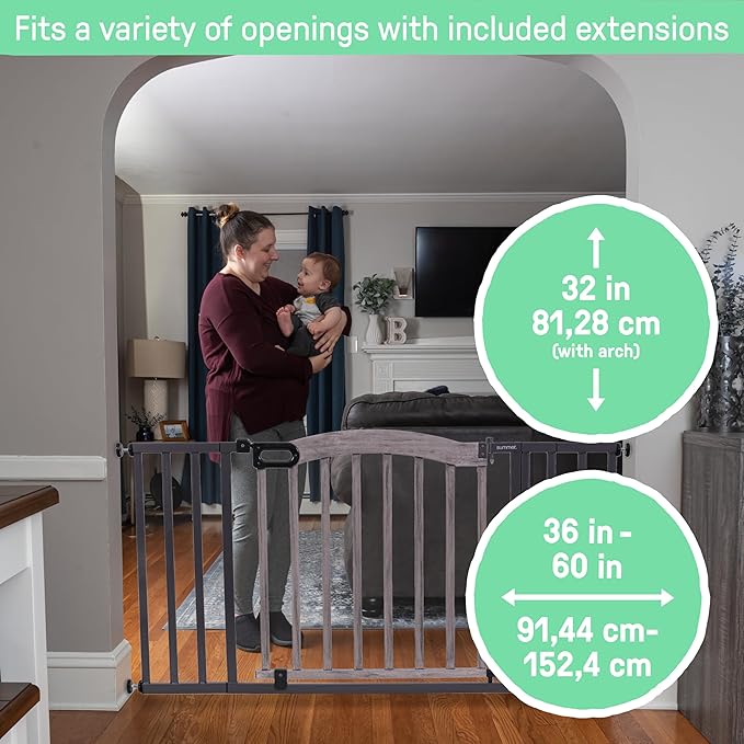 Summer Decorative Wood & Metal Pet and Baby Gate, 36" - 60" Wide, 32" Tall, Pressure Mounted, Install Wall to Wall or Doorway, Walk-Through Safety Gate - Gray