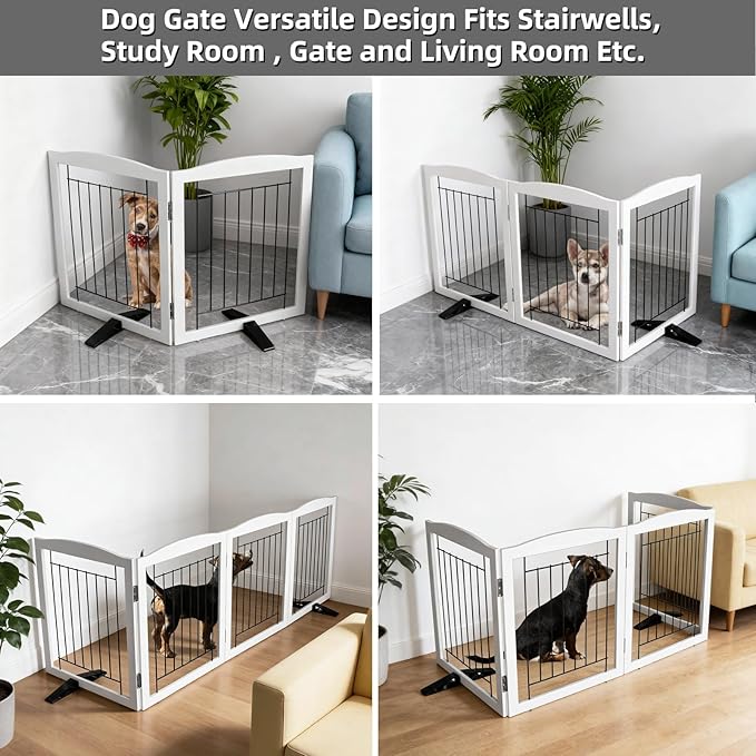 Dog Fence Indoor - 2-Panel Freestanding Dog Gate for Doorways, Hallways, House or Stairs -40x24-Inch Retractable Foldable Expandable Wood Pet by SFJC (White)