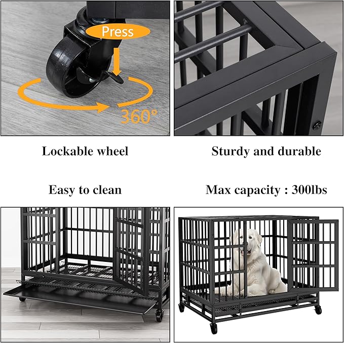 JY QAQA 48/38 Inch Heavy Duty Indestructible Dog Crate Double Doors Escape Proof Cage Kennel,Enhanced Metal Pet Cage,Extra Large XL XXL Crate Indoor for Large Dog with Removable Tray,Lockable Wheels