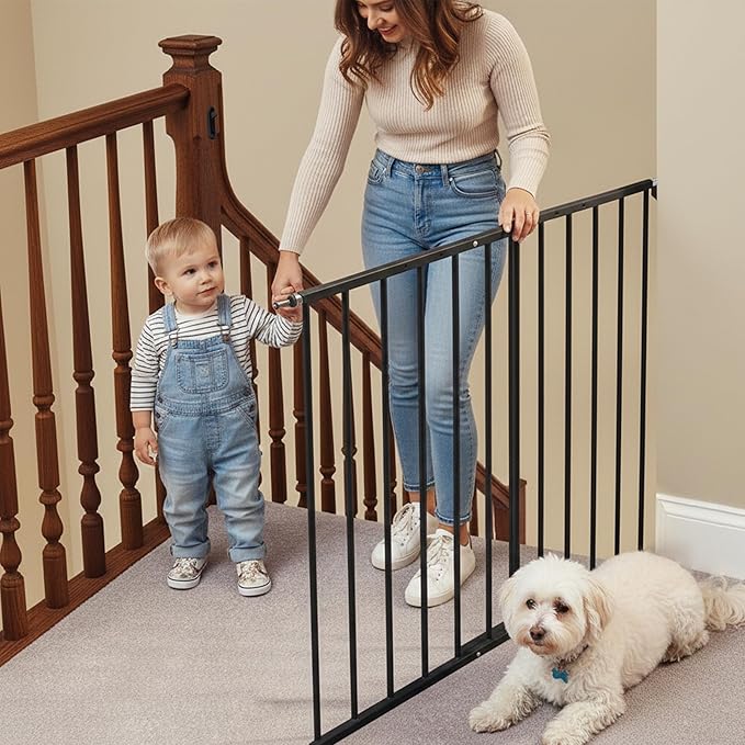 KidCo 24.75-42.5" Safeway Walk Through Baby Gate for Stairs and Doorways | No-Trip Top of Stairs Baby Gate No Bottom Bar | Quick-Release Mounted Hardware for Security and Easy Removal (Black)