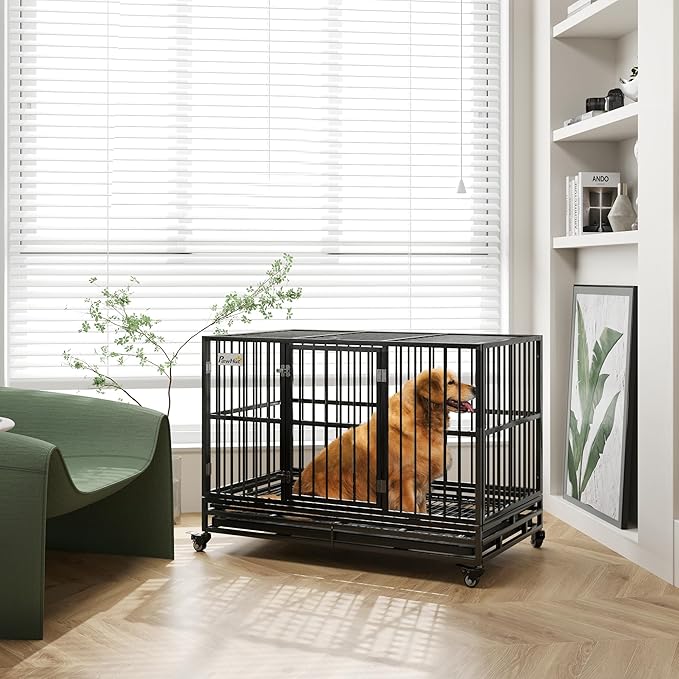 PawHut 48" Heavy Duty Dog Crate Metal Cage Kennel with Lockable Wheels, Double Door and Removable Tray, Gray