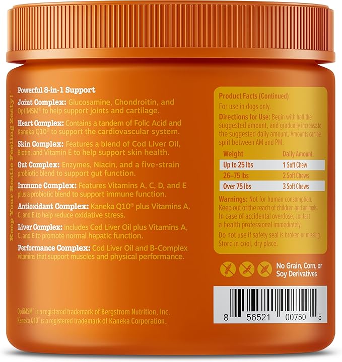 8-in-1 Multifunctional Supplements for Dogs - Glucosamine Chondroitin for Joint Support with Probiotics for Gut & Immune Health – Omega Fish Oil Antioxidants for Skin & Heart Health - 90ct, 4 Pack