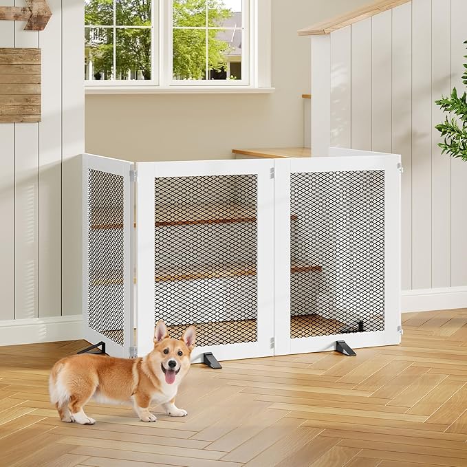 Freestanding Dog Gate Indoor, Foldable Wooden Pet Gate for The House Stairs Doorways, 4 Panels Tall Dog Fence with Support Feet, 79.1"W x 31.5"H, Extra Wide Step Over Fence, White DGHW80201