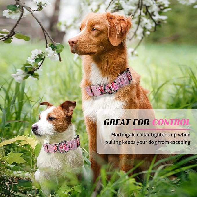 Hikiko Martingale Collar for Dogs with No Buckle Pink Floral Female Dog Collar Cute Girl Dog Collars for Large Dogs,Pink Rose,L