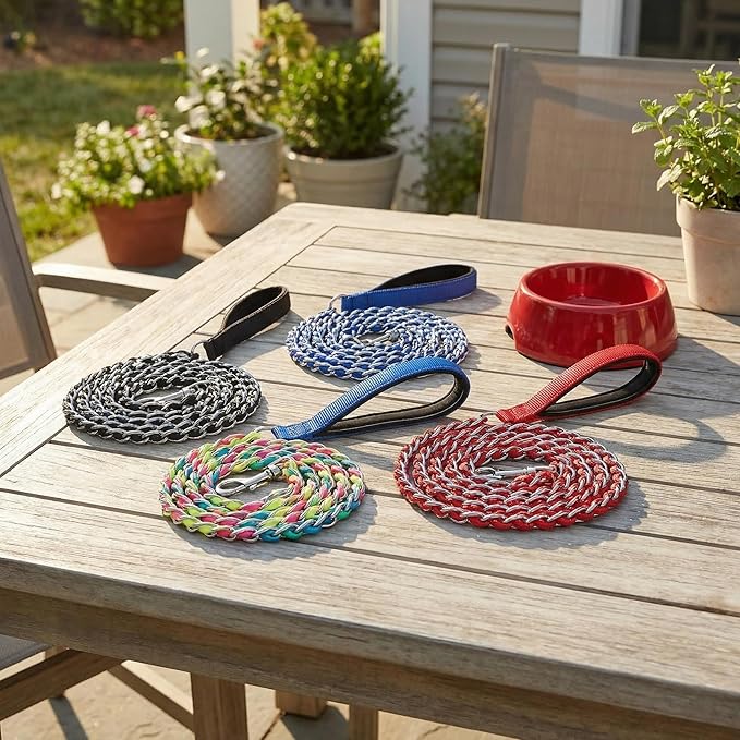 Chew Proof Metal Dog Leash with Built-in P-Chain Collar - 2FT/4FT for Small/Medium/Large Dogs (30-150lb), Anti-Bite Chain Link with Soft Padded Handle, 360° Rotating Clasp Red