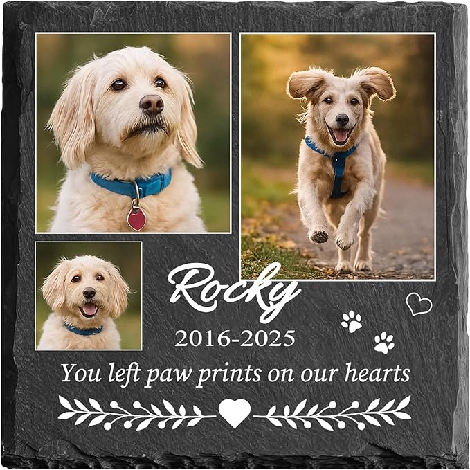 Custom Pet Memorial Stone - Dog Memorial Stone for Loss of Pet - Personalized Pet Headstone with Multiple Photo - Outdoor Garden Indoor Dog Cat Loss Bereavement Gift for Pet Lovers (04)