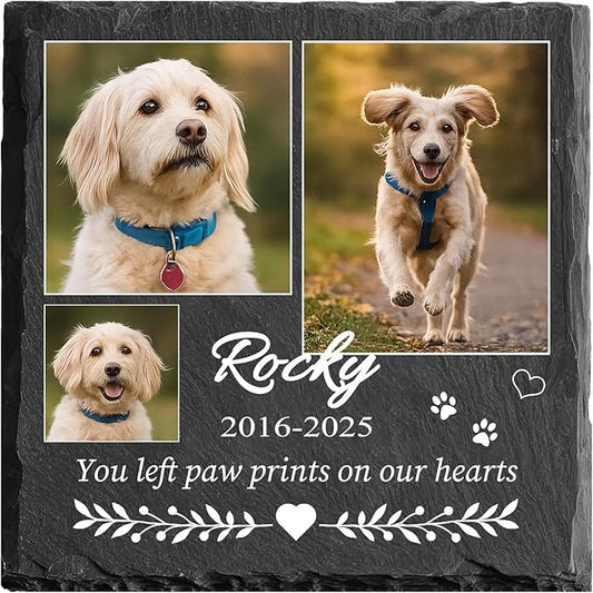 Custom Pet Memorial Stone - Dog Memorial Stone for Loss of Pet - Personalized Pet Headstone with Multiple Photo - Outdoor Garden Indoor Dog Cat Loss Bereavement Gift for Pet Lovers (04)