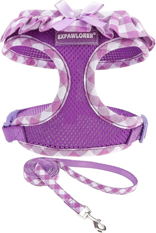 EXPAWLORER Cute Dog Harness and Leash Set - Purple Girl Dog Harness Checkered Step-in Design, Easy Adjustable No-Choke Lightweight Breathable Vest for Puppy Small Dogs Cats Outdoor Walking, Small