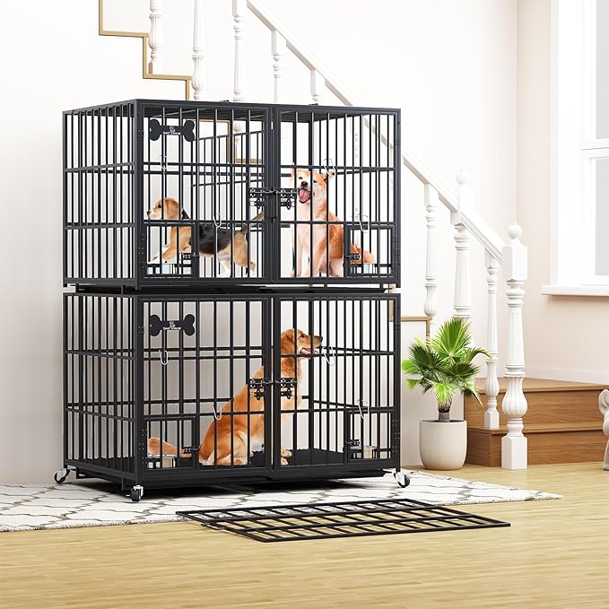42 inch Stackable Heavy Duty Metal Dog Crate for 4 Dogs/Large Dog,All Metal Open Top Access,Escape Proof Cage,Dog Kennel Indoor with Wheels,Floor Grid, Tray, Divider and Feeding Bowl