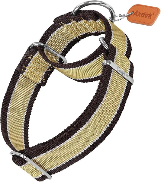 Martingale Collar 1.5 Inch Wide 1600D Extra Strong Anti Escape Nylon Dog Collar, No Pull Heavy Duty Pet Collars with 3-Color Stripe for Medium Dogs (M, Khaki & Dark Brown)