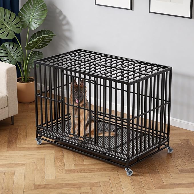 BestPet 49 Inch Heavy Duty Indestructible Dog Crate Dog Kennel Large Dog Crate Indoor Outdoor Dog Cage with Lockable Wheels Removable Tray and Double Doors Ideal for Medium and Large Sized Dogs