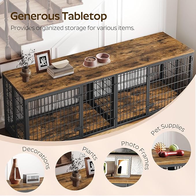 Foldable Dog Crate Furniture for 2 Dogs, 78.7'' Double Dog Kennel Indoor with Removable Divider, Heavy Duty Dog Cage, for Small/Medium/Large Dog, TV Stand, Rustic Brown DC200BR