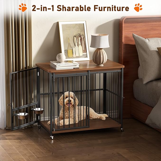 Dog Crate Furniture, 42’’ Wooden Dog Kennel Indoor with Sliding Front Door, Multi-Side Openings & Feeding Window Pet Cage House as TV Stand