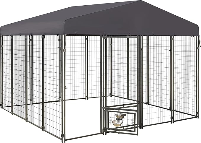 MUPATER Dog Kennel Outdoor 10' x 10', Large Dog House with Roof and Lockable Door, Heavy Duty Dog Enclosure with Rotating Feeding Door for Backyard