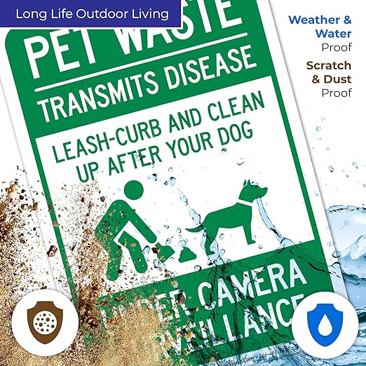 Pet Waste Leash-Curb and Clean Up After Your Dog Under Camera Surveillance Sign, (SI-63188) 10x7 Inches, 4 Mil Vinyl Decal Stickers Weather Resistant, Made in USA
