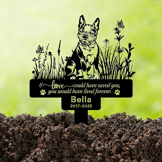 Custom Boston Terrier Memorial Stake – Personalized Pet Grave Marker Tombstone for Boston Terrier, Outdoor Garden Metal Sign, Dog Remembrance Plaque, Pet Boston Terrier Loss Gifts
