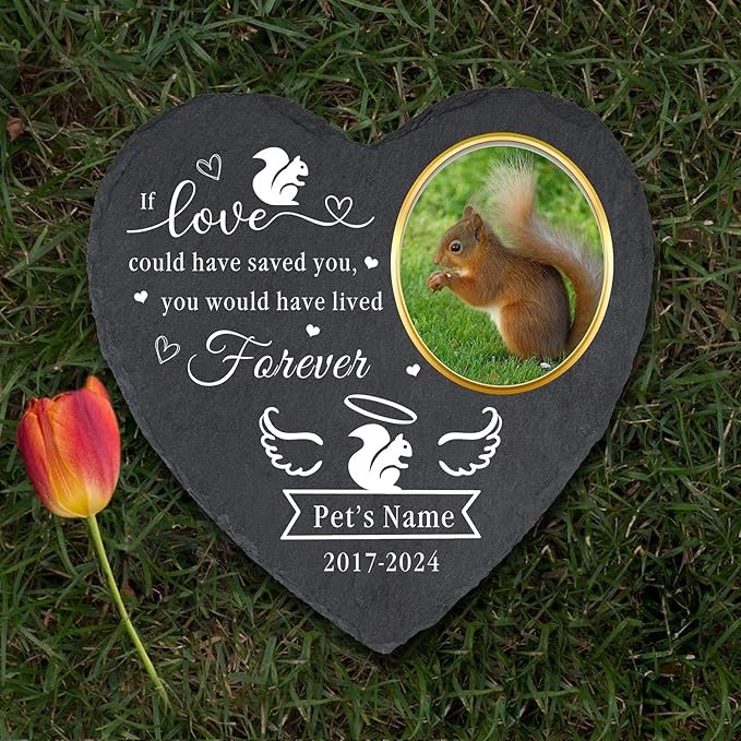 Personalized Pet Squirrel Memorial Stones with Photo - Custom Sympathy Gifts for Loss of Pet Squirrel - Squirrel Grave Markers Headstone - Heart Shaped Pet Memorial Plaque Garden Stone