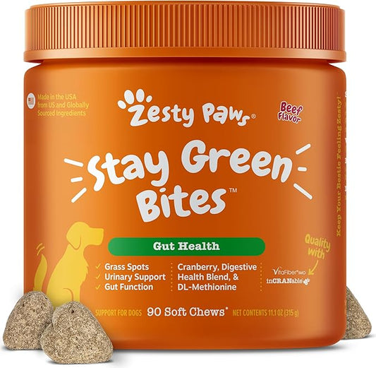 Zesty Paws Stay Green Bites for Dogs - Grass Burn Soft Chews for Lawn Spots Caused by Dog Urine - with Cranberry for Urinary Tract & Bladder - Beef - 90 Count