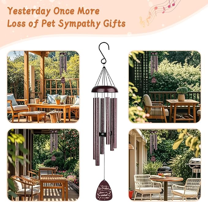 Pet Memorial Wind Chimes - Remembrance and Bereavement Gift for Loss of Dog/Cat with Metal Rose Card, 26" Thicker Aluminum Tubes(0.75") Weatherproof Outdoor Keepsake for Garden