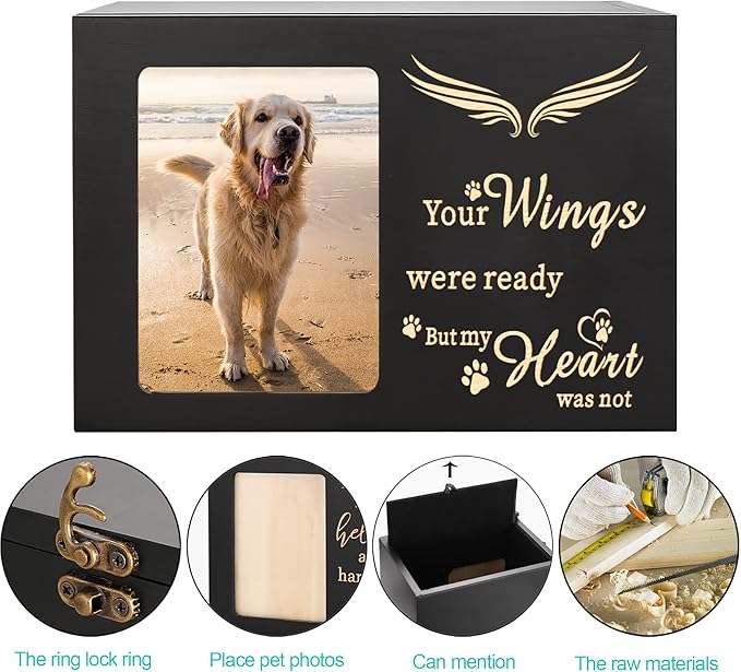 Pet Memorial Urns for Dog or Cat Ashes - Large Wooden Funeral Cremation Urns with Photo Frame, Keepsake Memory Box with Black Flannel Lining