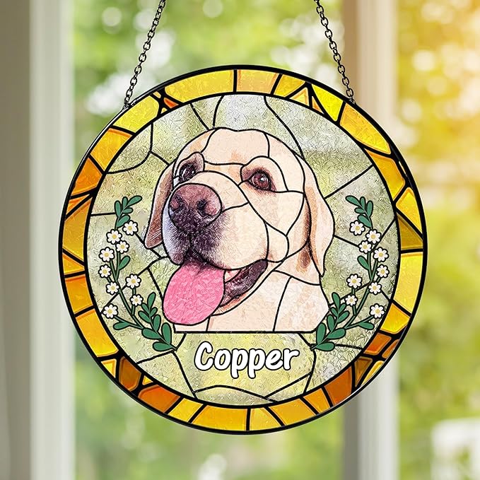 NAZENTI Personalized Dog Memorial Suncatcher, Sympathy Gift for Loss of Pet, Dog Remembrance Gift, Stained Glass Suncatcher, Custom Portrait Photo and Name, Pet Memorial Ornament Window Hanging 1