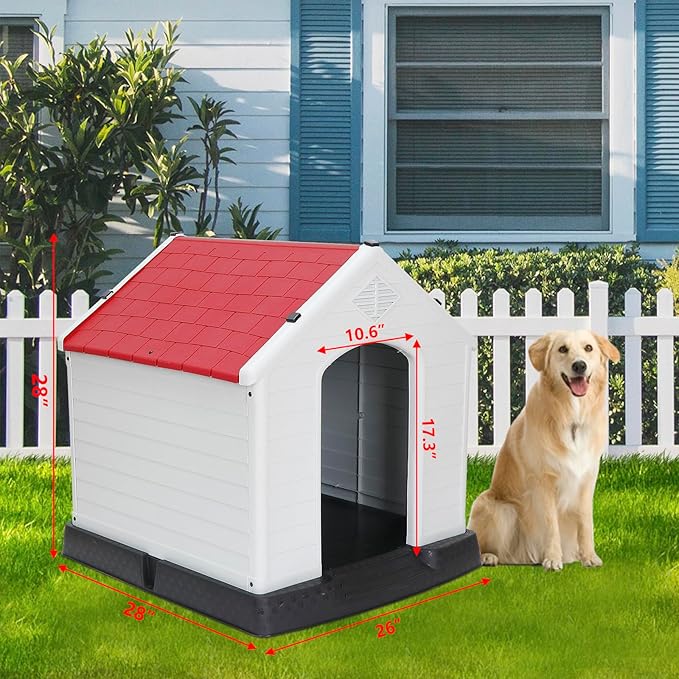 Large Plastic Dog House Indoor Outdoor Doghouse Dog Kennel Easy to Assemble Puppy Shelter with Air Vents Elevated Floor Waterproof Red