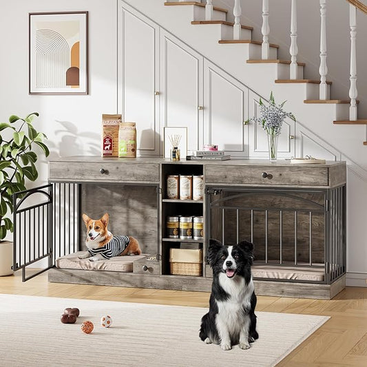 IDEALHOUSE 78.7" Double Dog Crate Furniture with Storage and 2 Doors, Dog Kennel Indoor with Feeding Bowls, Wood Dog Crate TV Stand for Small Medium Dogs, Grey
