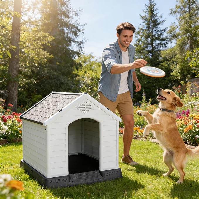Large Plastic Dog House Indoor Outdoor Doghouse Dog Kennel Easy to Assemble Puppy Shelter with Air Vents Elevated Floor Waterproof (Grey, 28inch)