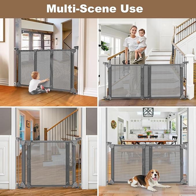 GRENFU 28" Tall No Drill Dog Gate for Stairs, Dual-Opening Sliding Pet Gate, Fits 32-55" Wide Expandable Dog Gates Indoor No Bottom Bar Baby Gate No Drill & Adjustable Width & Angle Mesh Gate, Gray