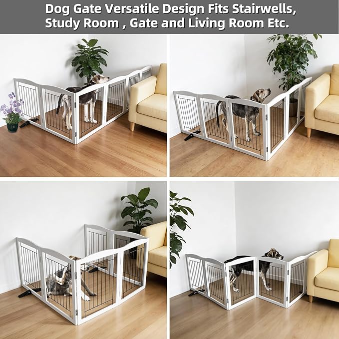 Dog Fence Indoor,Dog Gate Indoor for Doorway pet gate -6-Panel Freestanding, Hallways, House or Stairs -120x32-Inch Retractable Foldable Expandable Wood Pet by SFJC (White)