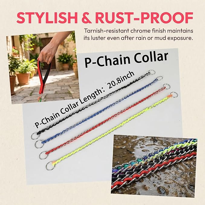 Chew Proof Metal Dog Leash with Built-in P-Chain Collar - 2FT/4FT for Small/Medium/Large Dogs (30-150lb), Anti-Bite Chain Link with Soft Padded Handle, 360° Rotating Clasp Colorful