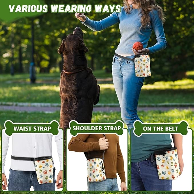 Colorful Paw Puppy Training Pouch 3 Ways to Wear, Hands-Free Design Dog Treat Pouch Pocket Sized Dog Training Treat Pouch Bag Dog Treat Carrier Holder with Waist Belt Shoulder Strap