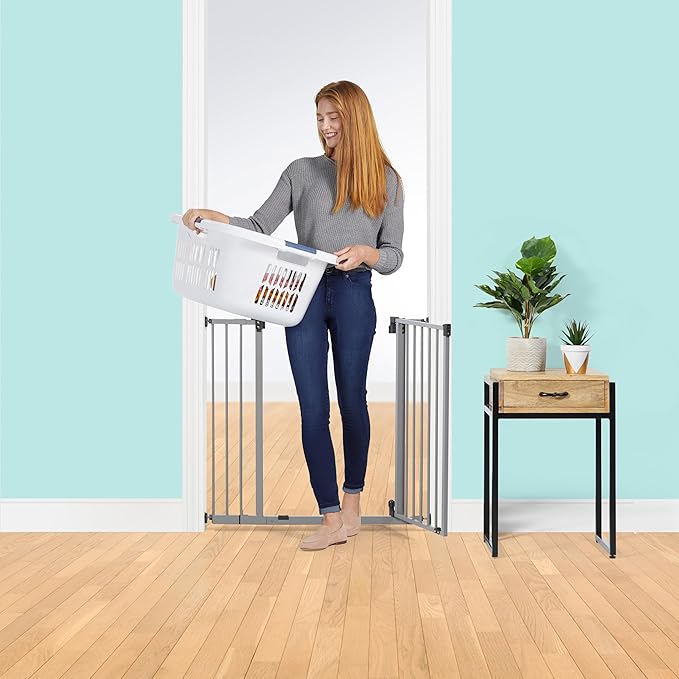 Ingenuity Summer Infant Central Station Stairway Wall, Banister, or Doorway Simple to Secure Safety Pet and Baby Gate with 3 Extension Frames, Gray