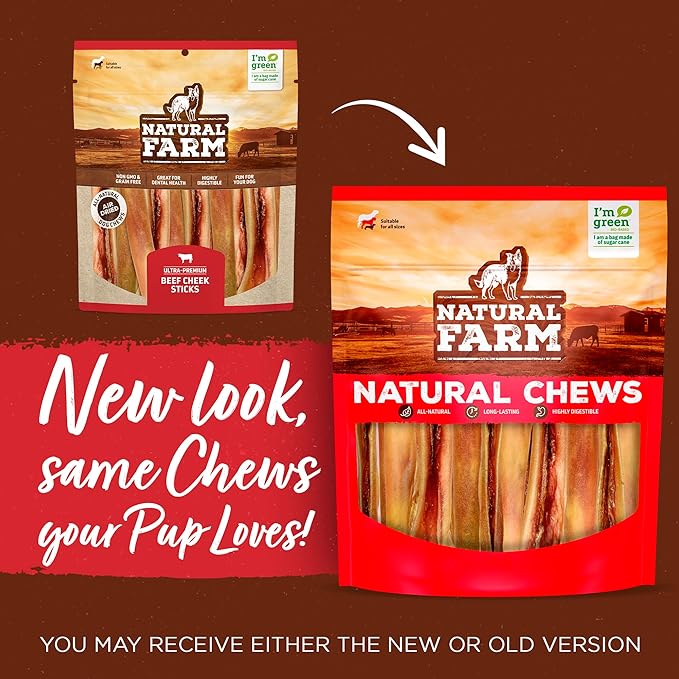 Natural Farm Bully Cheek Stick, 5-6 Inch (15 Pack)- Best Bully Stick Alternative, 100% Natural Beef Cheeks for Dogs- High Protein, Cleans Teeth Treats, Long Lasting Beef Chews for All Dog Sizes