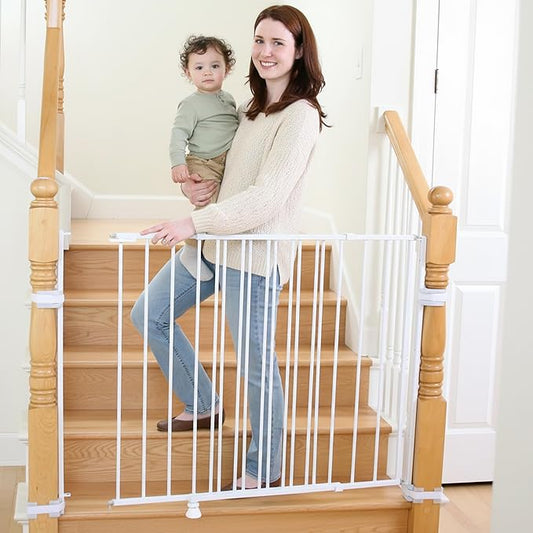 Regalo Safety 35" Extra Tall Baby Gate for Stairs, Wall Mounted 2-in-1 Wide Stair Gate for Babies, Toddlers, & Pets, Includes Banister and Wall Mounting Kit, White